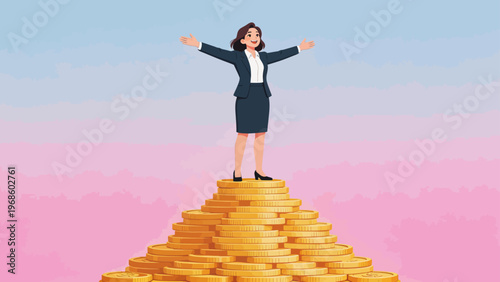 Businesswoman standing on pile of coins