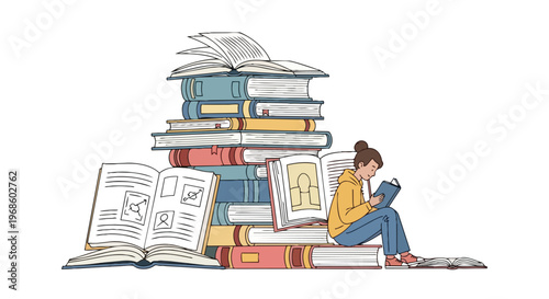 Young Girl Sitting Beside a Large Stack of Books Reading