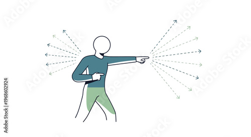 A person points forward with one arm extended while the other arm is bent fingers pointing towards their chest with multiple dotted lines radiating outwards from each hand visually representing