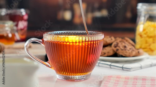 Hot amber tea being stirred with a spoon in a transparent glass cup, cozy breakfast setting, slow motion