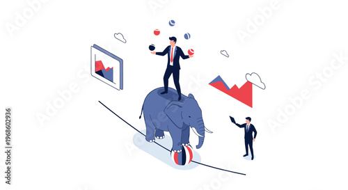 High stakes business concept with a professional juggling balls while balancing on an elephant walking across a tightrope.
