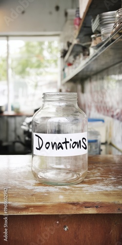 Empty donations glass jar on counter