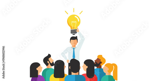 Person holding a bright lightbulb above a diverse group of people signaling a new concept or innovation taking hold within a gathering and inspiring collaboration for creative solutions together