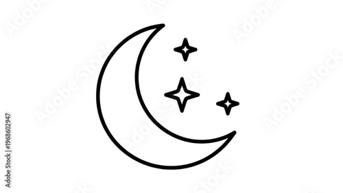 Minimalist Moon and Stars Line Art Vector Icon, Cute Night Sky Outline for Kids Graphic Design and Bedtime Storybook Coloring Pages, Isolated