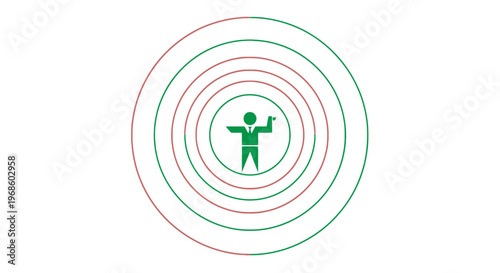 Abstract representation of a human figure emitting concentric circles of green and red impacting ambient space symbolizing communication network transmission or energetic radiation patterns