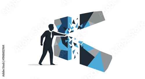 Businessman in a suit breaks apart a large geometric construction with his hand symbolizing innovation transformation and overcoming obstacles in business development and strategic planning for