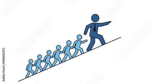 A confident leader with a vision guides a team of followers climbing upwards on a diagonal path representing progress and collective ambition towards a shared goal in a symbolic depiction of
