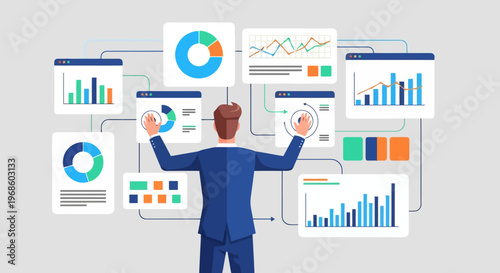 Empowered person analyzing diverse data displays with charts and graphs showing business performance and financial trends signifying strategic decision making and information analysis for