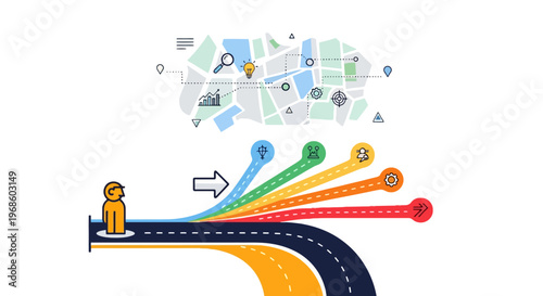 Conceptual visualization of decision making and strategic planning with branching pathways leading to different outcomes and a map representing navigation and destination choices for business