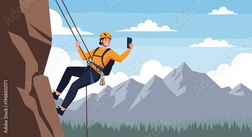 Adventurous climber wearing safety gear takes a selfie with a smartphone while scaling a steep rock face against a mountain backdrop.