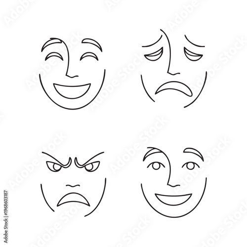 Minimalist vector illustration of happy, sad, angry, and neutral face icons