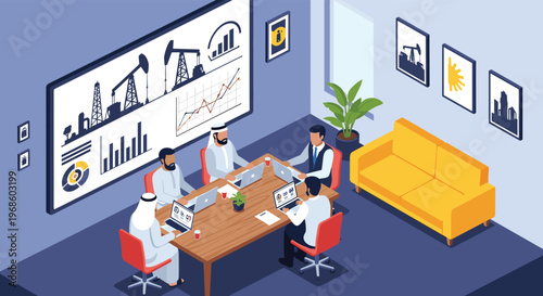 Business meeting in a modern office where professionals discuss oil and gas industry data shown on a large screen and laptops.
