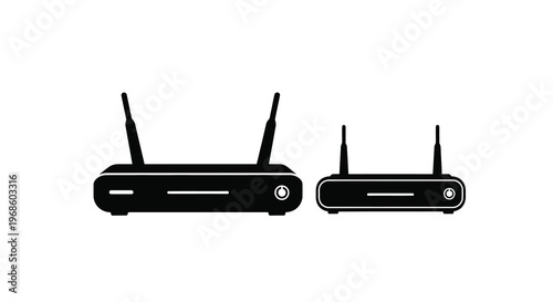 Two wireless routers depicted in a black and white silhouette style