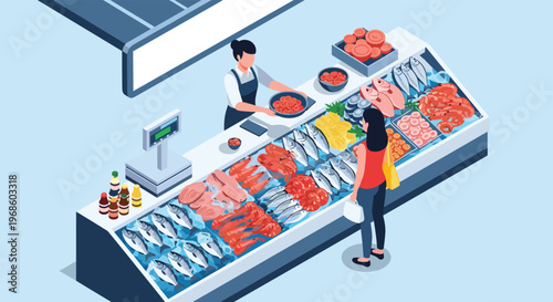 Fresh seafood market counter display featuring a wide variety of fish, shrimp, and shellfish with a customer being served by a worker.