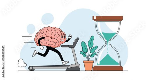 Creative concept illustration of mental exercise featuring a cartoon brain running on a treadmill next to a large leaking hourglass.