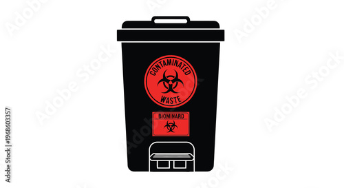 Black biohazard waste container with contaminated warning label and foot pedal