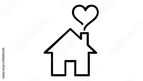 Minimalist Vector Icon Illustration of a Cozy House with a Heart-Shaped Smoke Cloud Rising from the Chimney, Representing Love, Family, Warmth, Romantic Home Life, Domestic Bliss, and Happiness.