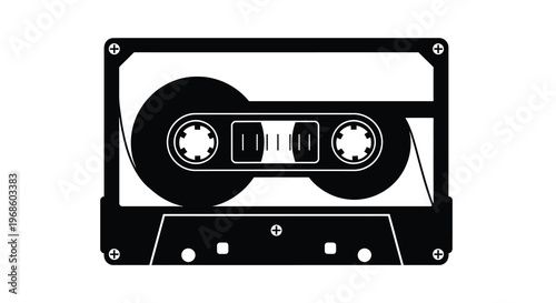 A black and white illustration of a vintage audio cassette tape