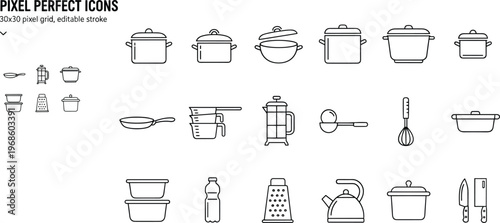 Minimal kitchen utensil and cookware outline icon set with editable stroke vector design, modern cooking tools collection for food preparation graphics and user interface use