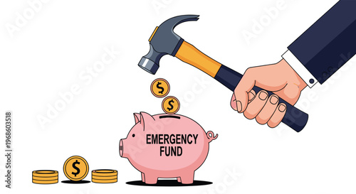 Businessman using a hammer to break a pink piggy bank labeled emergency fund to access saved coins during a financial crisis.