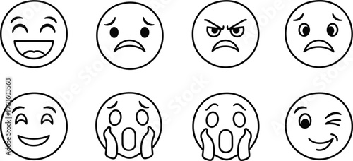A set of eight different emoticon faces