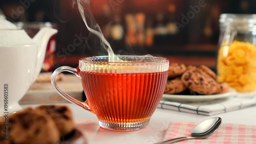 Hot tea in glass cup with steam on kitchen table