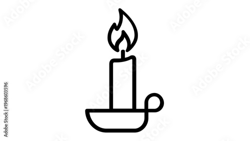 Minimalist burning candle in a holder vector icon illustration, simple black line art of a lit candle with flame for home decor, spiritual, or romantic atmosphere, scalable graphic design element.
