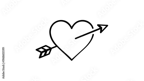 Minimalist black line art vector icon of a heart pierced by Cupid's arrow, symbolizing love, romance, and passion. Flat design illustration for Valentine's Day and relationship concepts.