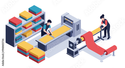 Industrial textile factory scene where workers are cutting yellow fabric and processing large rolls on heavy machinery.