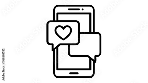 Smartphone with heart chat bubbles vector icon illustration, mobile social media messaging app concept, digital communication and online dating symbol, minimalist flat line art design.