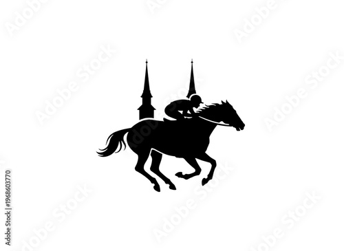 Jockey riding a galloping racehorse silhouette. Derby 2026 concept with twin spires. Vector illustration isolated on transparent background