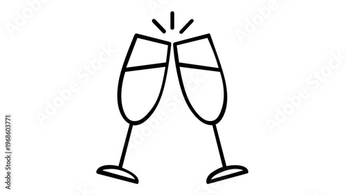 Minimalist vector icon illustration of two champagne glasses clinking in a celebratory toast. Elegant flat line art design perfect for weddings, anniversaries, and romantic party celebrations.