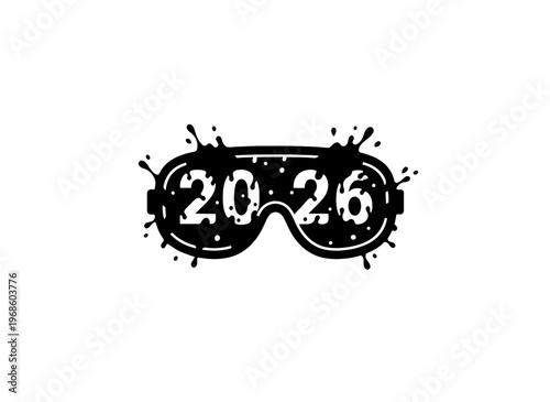 Jockey goggles with 2026 mud splatters. Black silhouette vector illustration. Horse racing equipment isolated on transparent background