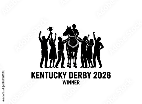 Horse racing winner circle celebration for 2026. Black silhouette vector illustration of horse and jockey with trophy. Sports victory concept isolated on transparent background
