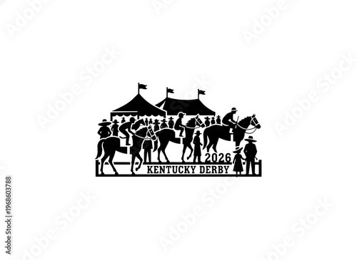 Paddock scene before 2026 horse racing event. Black silhouette vector illustration of horses and spectators. Equestrian derby atmosphere isolated on transparent background