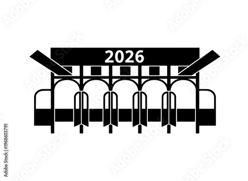 Horse racing starting gate for 2026. Solid black silhouette of racetrack stalls. Vector illustration isolated on transparent background