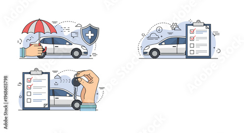 Automotive service illustrations showing car insurance protection, maintenance checklist, and a hand holding vehicle keys.
