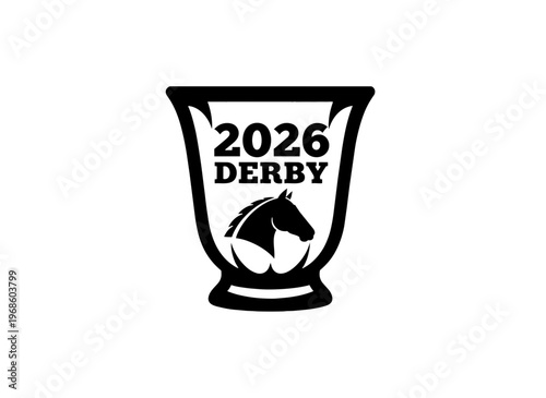 Mint julep cup with 2026 horse racing logo. Black silhouette vector illustration. Derby tradition and cocktail icon isolated on transparent background