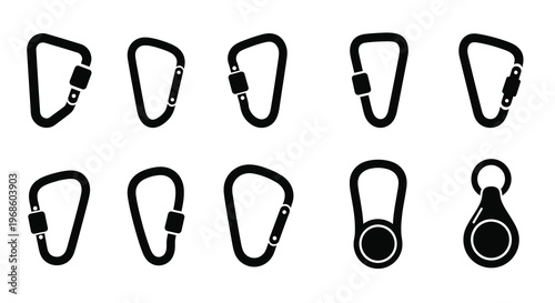 Black and white illustration depicting various types of carabiners and climbing hardware