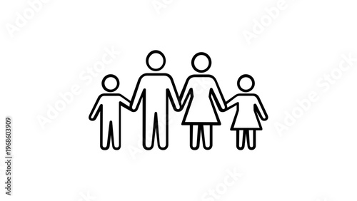 Minimalist vector icon illustration of a happy family holding hands, featuring father, mother, son, and daughter in a simple black line art style, symbolizing unity, love, and togetherness.