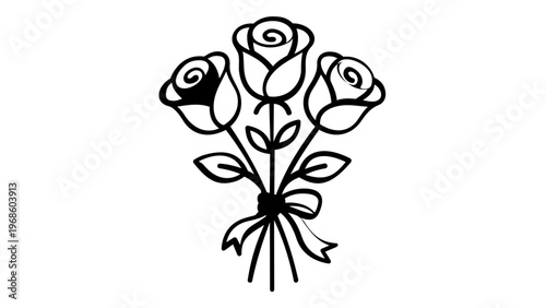 Minimalist vector illustration of a beautiful bouquet of three roses tied with a ribbon, elegant black and white line art icon for love, romance, wedding, and Valentine's Day, scalable AI-generated.