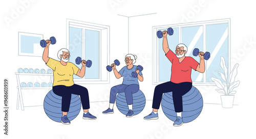 Group of active senior citizens performing strength training exercises with dumbbells on blue fitness balls in a bright gym.