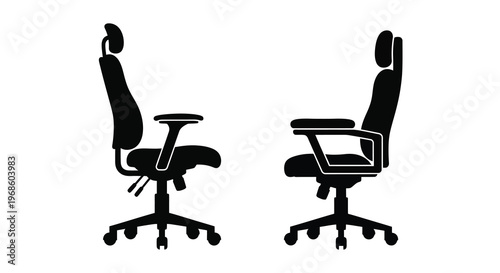 Two black silhouettes of ergonomic office chairs facing different directions