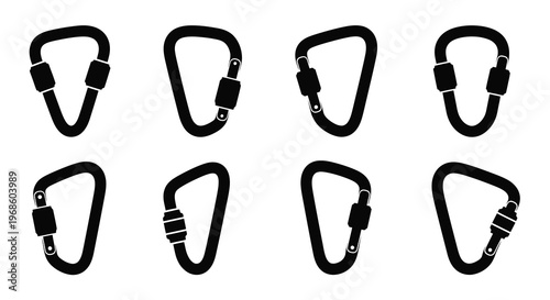 Eight black carabiner icons with gate locks displayed in a grid pattern