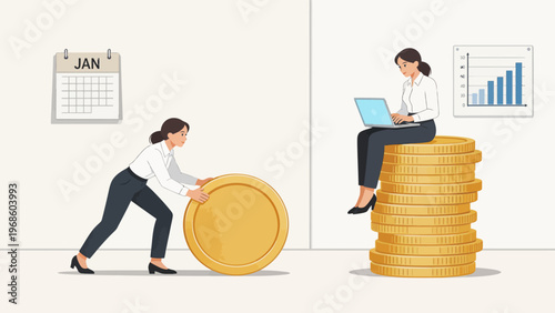 Businesswomen with coins and laptop