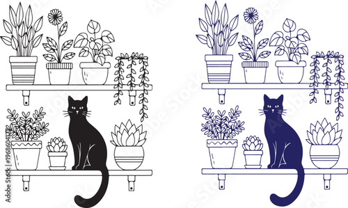 Black cat sitting on shelf with various potted plants and flowers