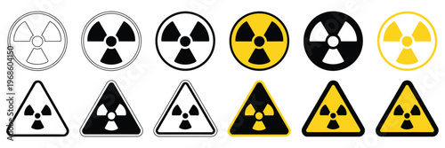 Radiation hazard symbol collection, nuclear warning and caution icons, radioactive material indicators, industrial and environmental safety symbols, clean line style, vector illustration.