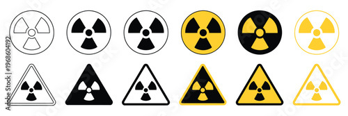 Radiation hazard symbol collection, including nuclear danger signs, warning icons, and caution graphics, representing radioactive materials, safety alerts, and hazard prevention, minimal flat design, 