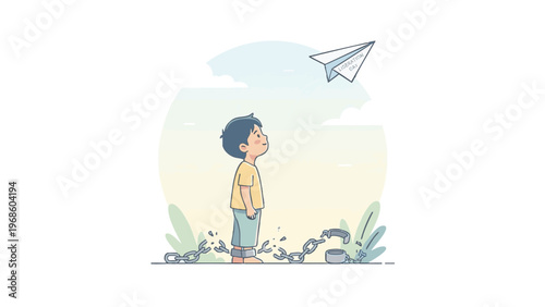 Boy Freeing Himself and a Paper Plane Soaring to Liberation