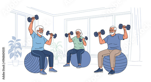 Three active seniors sitting on exercise balls and training with dumbbells to maintain health and fitness in a bright studio.